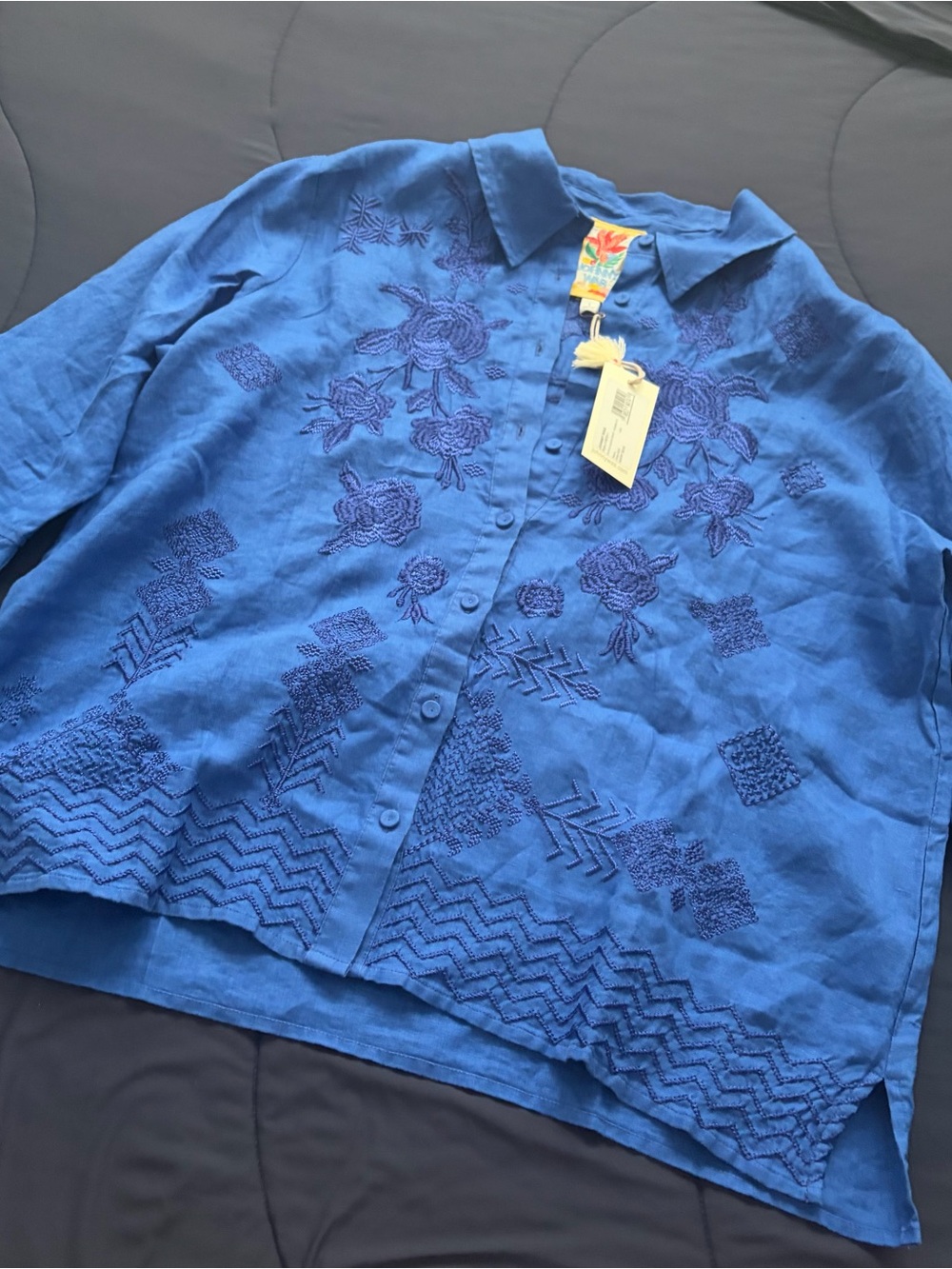 Johnny Was Ruffle Sleeve Shirt in Admiral Blue - Picture 8 of 12
